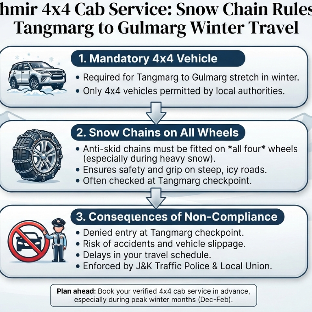 Kashmir 4x4 cab service snow chain requirements infographic mandatory rules for Tangmarg to Gulmarg winter travel