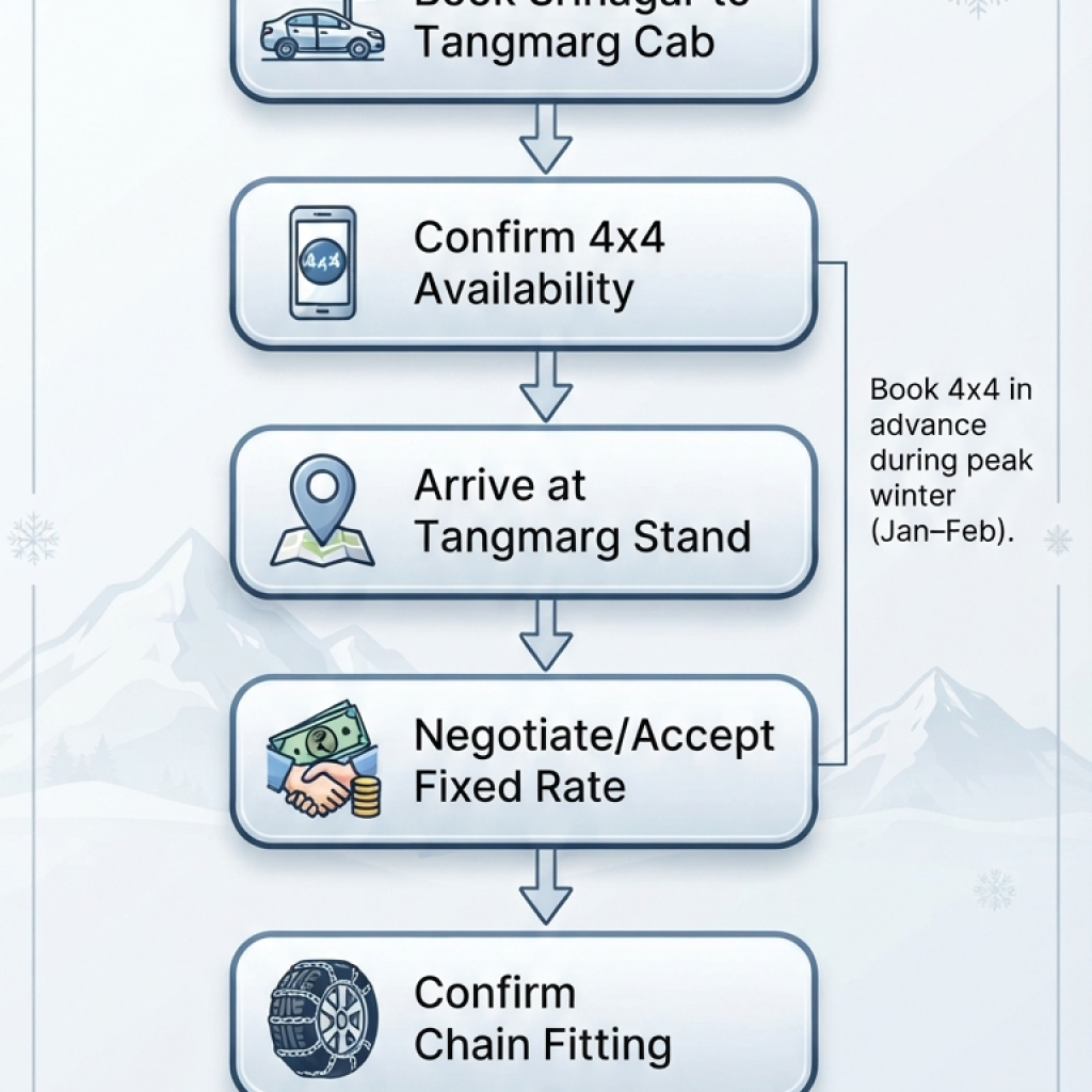 Kashmir 4x4 cab service - step-by-step booking process flowchart infographic for winter Gulmarg travel