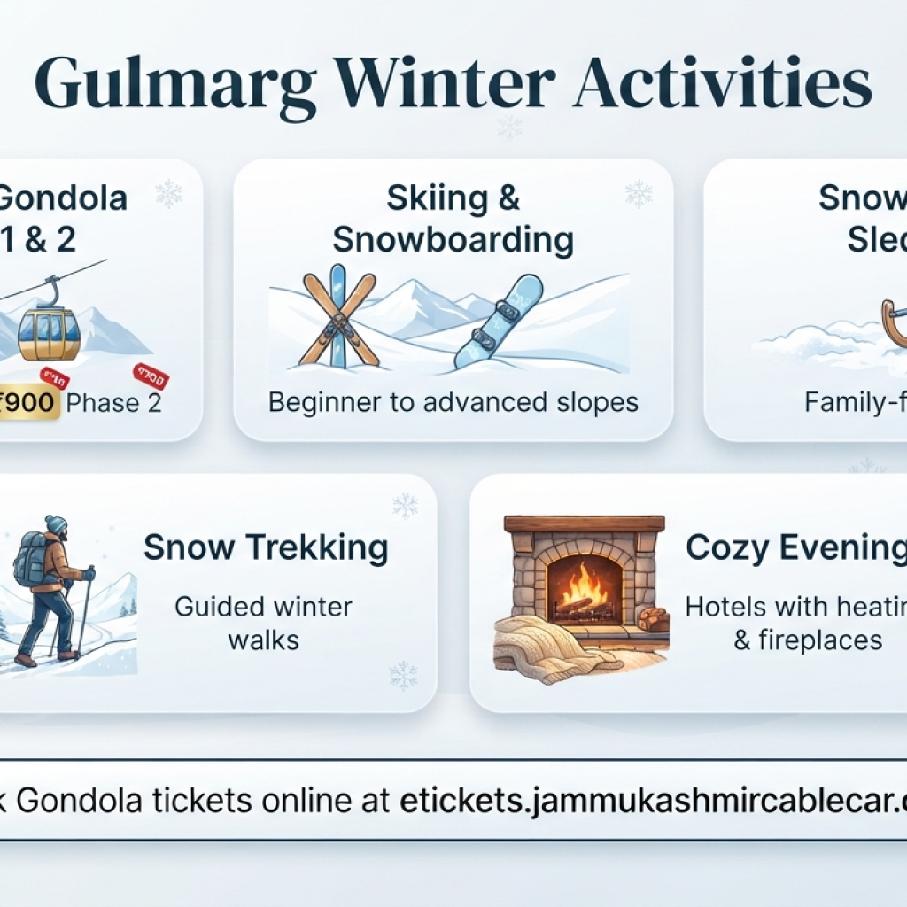 Kashmir 4x4 cab service winter activities infographic Gondola skiing snow play trekking for Gulmarg visitors
