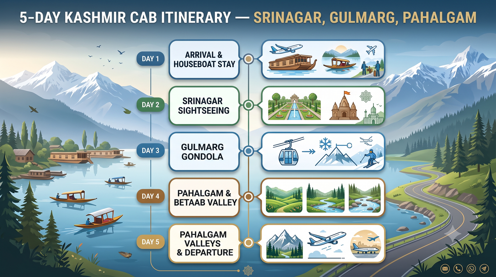 Kashmir 5 Days Cab Itinerary 2026 | Rates & Route Guide 8 Kashmir 5 days cab itinerary - route map infographic Srinagar Gulmarg Pahalgam day-by-day journey