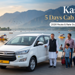 Kashmir 5 days cab itinerary - white Innova Crysta with driver on Boulevard Road along Dal Lake for family travel