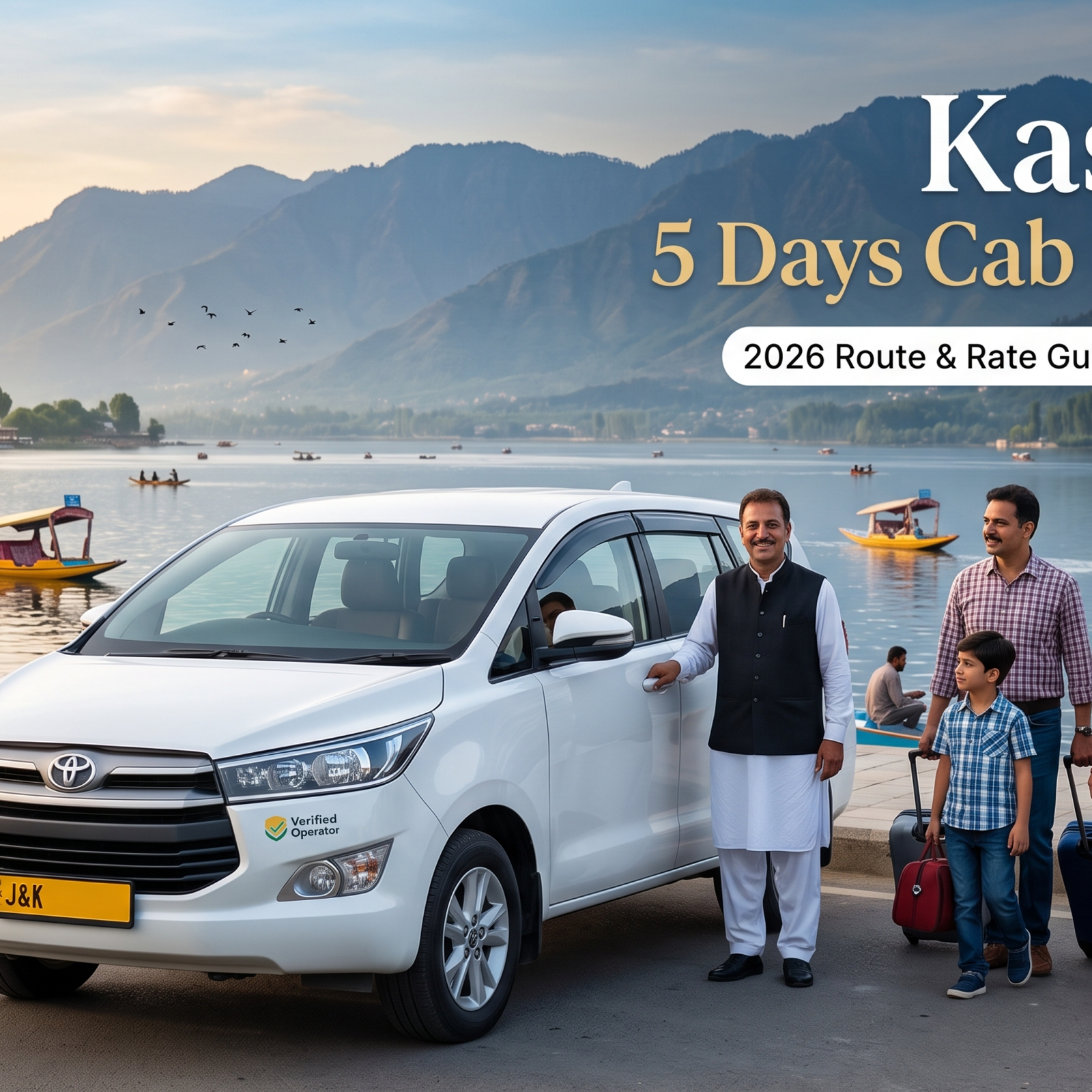 Kashmir 5 days cab itinerary - white Innova Crysta with driver on Boulevard Road along Dal Lake for family travel