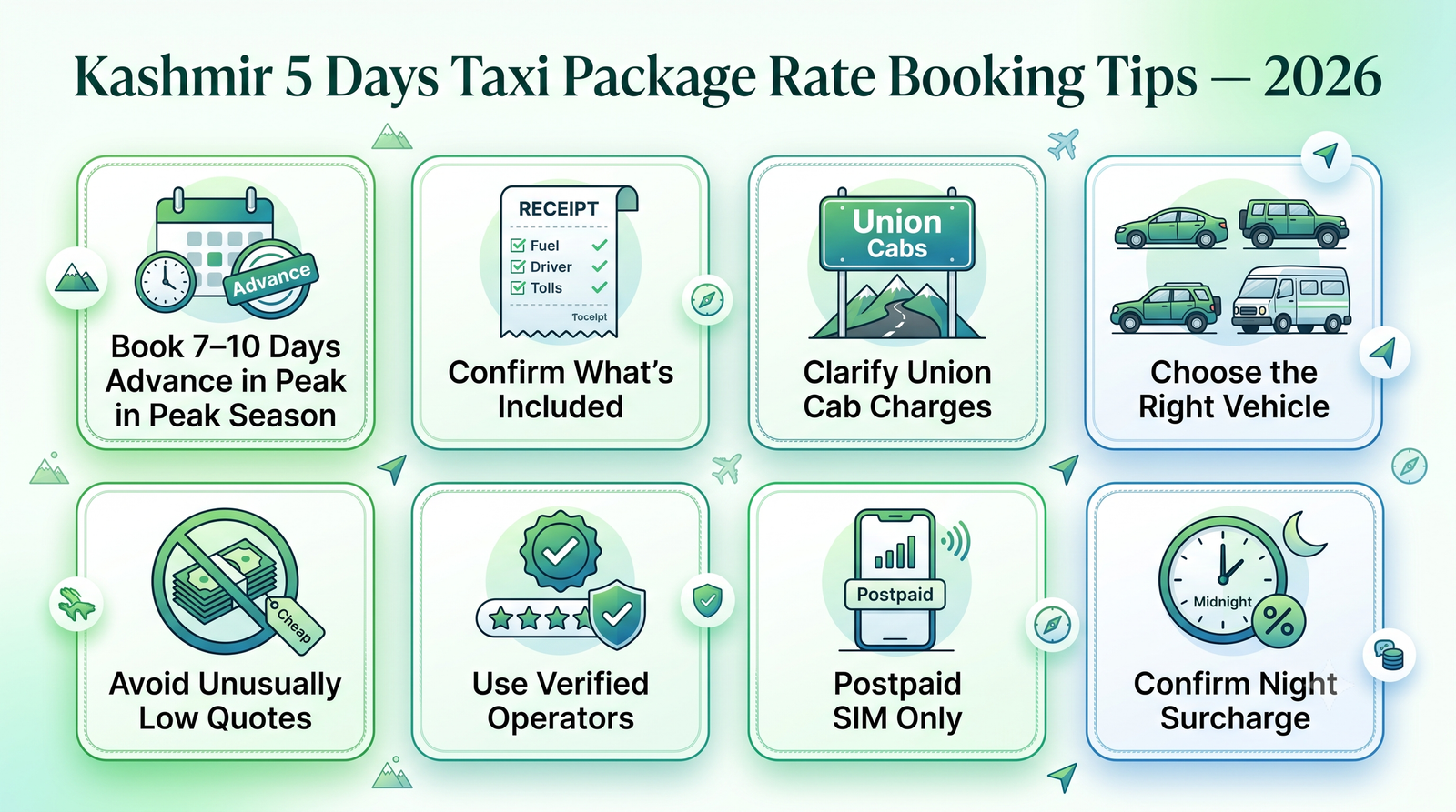 Kashmir 5 days taxi package rate - booking tips infographic for hassle-free 5-day cab package booking in Kashmir