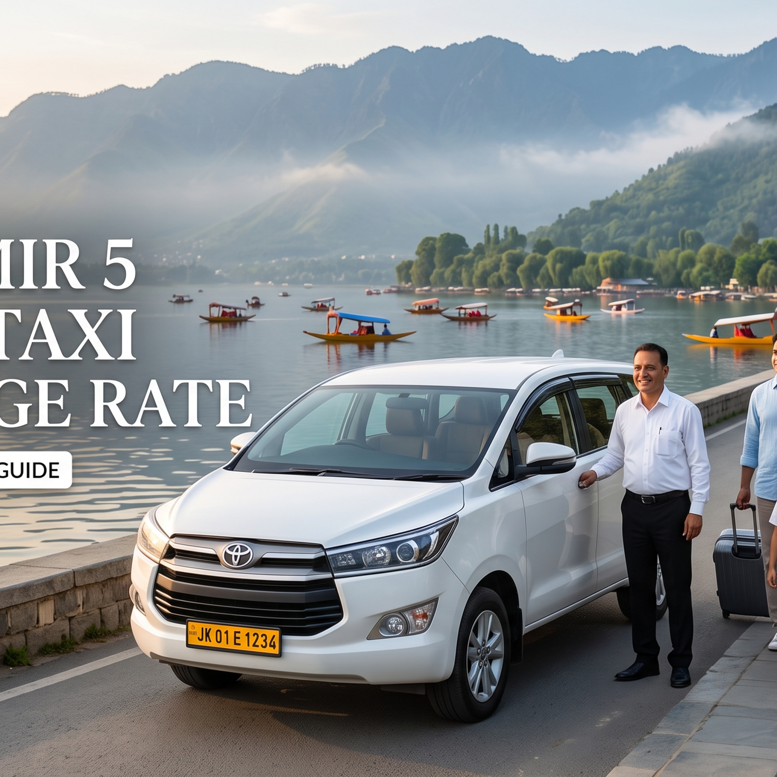 Kashmir 5 days taxi package rate - white Innova Crysta with driver on Boulevard Road along Dal Lake for family travel