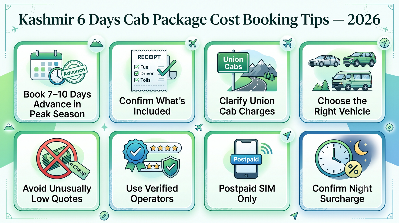 Kashmir 6 Days Cab Package Cost 2026 | Rates & Guide 10 Kashmir 6 days cab package cost - booking tips infographic for hassle-free 6-day cab package booking in Kashmir