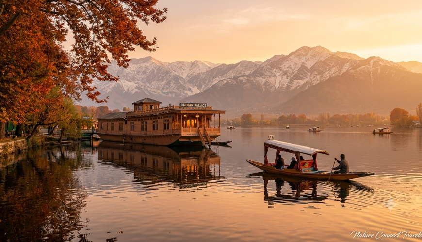 Jammu Kashmir 6 Nights 7 Days Package by Nature Connect Travels showing Dal Lake houseboat and Himalayan peaks