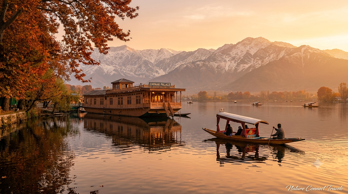 Kashmir 6 nights 7 days package by Nature Connect Travels showing Dal Lake houseboat and Himalayan peaks