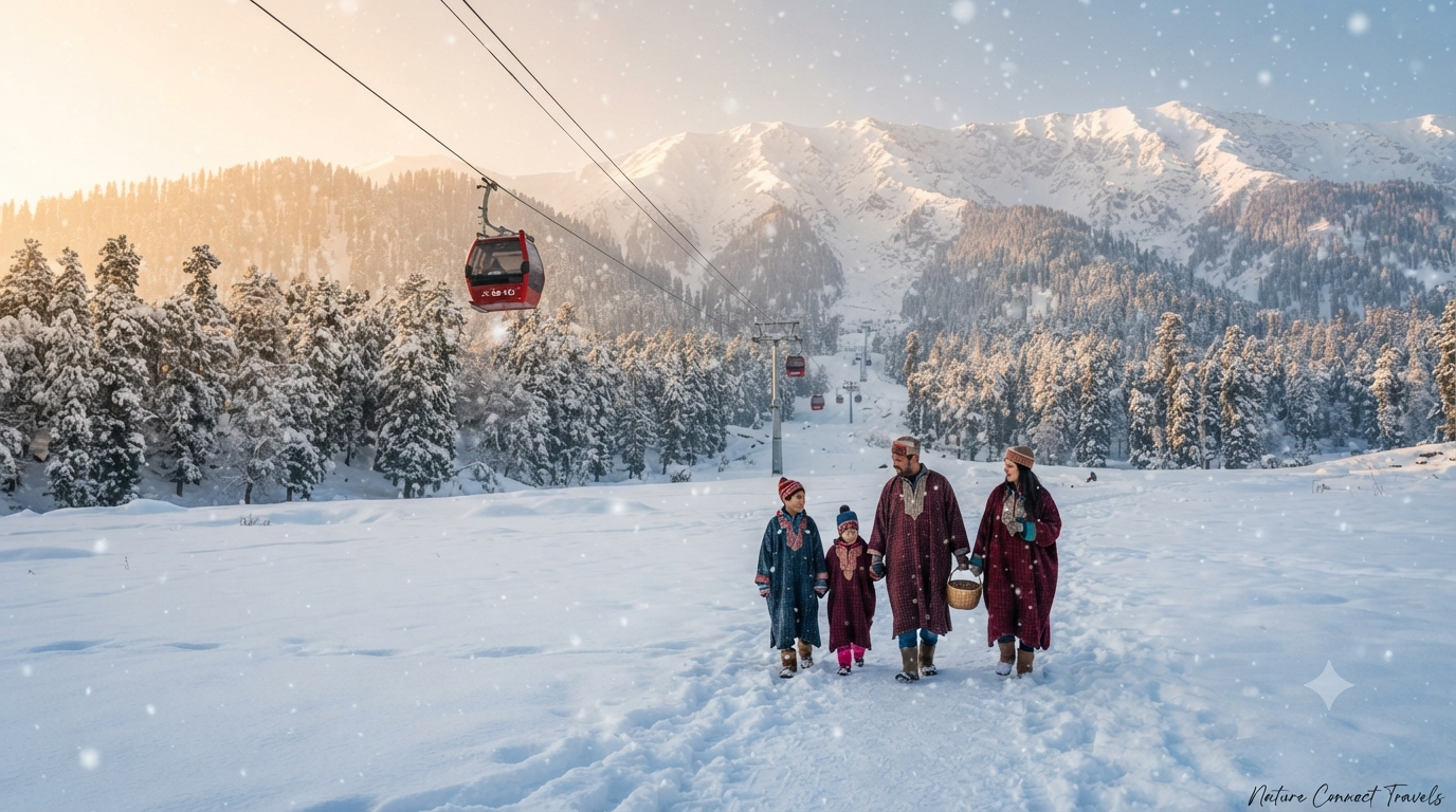 Kashmir 6 nights 7 days winter package showing snow-covered Gulmarg meadow with Gondola ride and Himalayan peaks