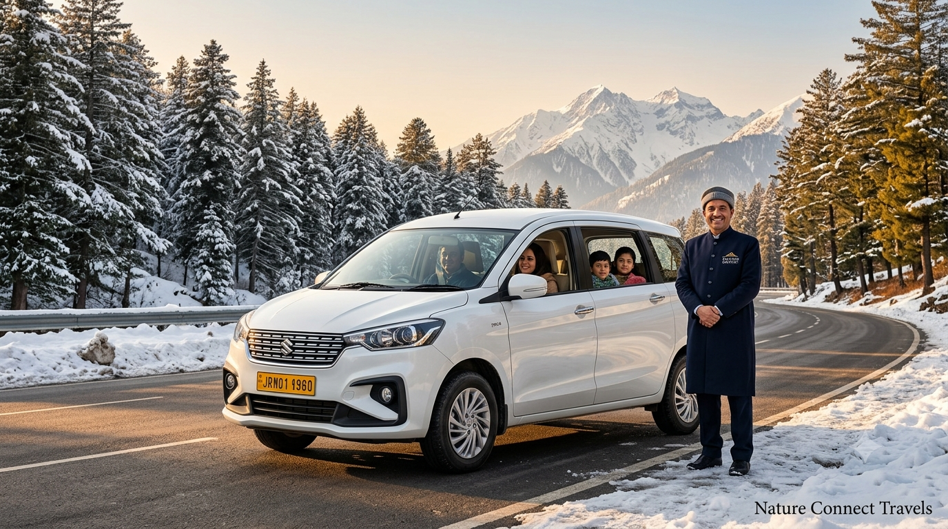 Kashmir Ertiga hire with Nature Connect Travels showing Maruti Ertiga on Srinagar-Gulmarg highway
