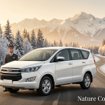 Kashmir cab package by Nature Connect Travels showing Innova Crysta on Srinagar-Gulmarg highway with Himalayan backdrop