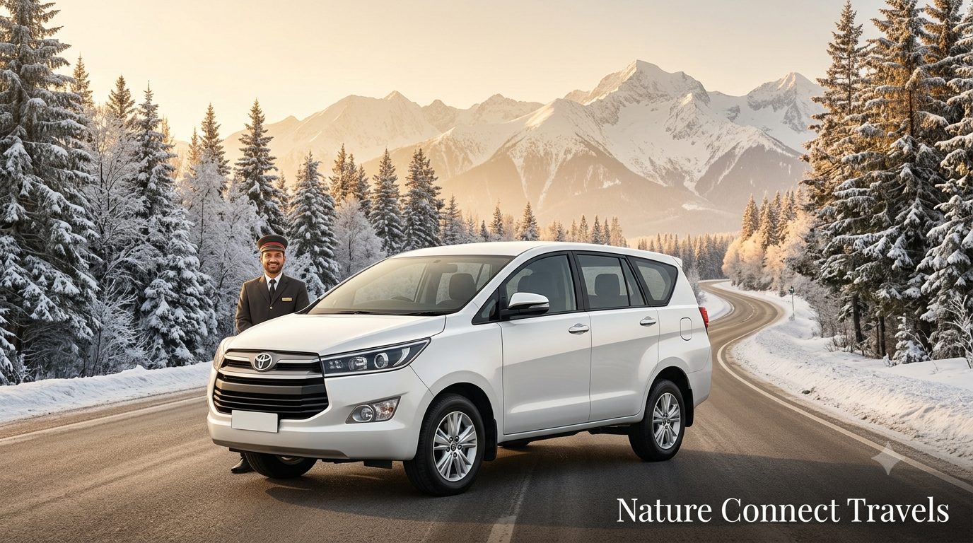 Kashmir cab package by Nature Connect Travels showing Innova Crysta on Srinagar-Gulmarg highway with Himalayan backdrop
