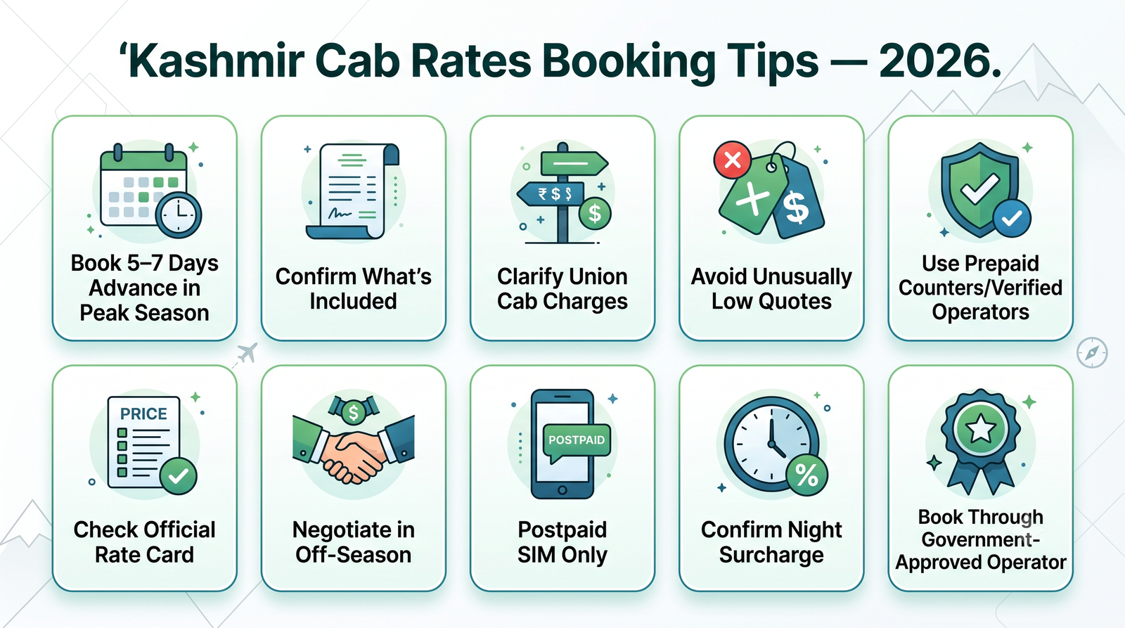 Kashmir Cab Rates 2026 | Fares, Routes & Booking Guide 12 Kashmir cab rates - booking tips infographic for hassle-free cab booking in Kashmir travel planning