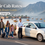 Kashmir cab rates - white sedan with driver on Boulevard Road along Dal Lake for family travel in Srinagar