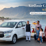 Kashmir car rental with driver - white Innova Crysta with driver on Boulevard Road along Dal Lake for family travel