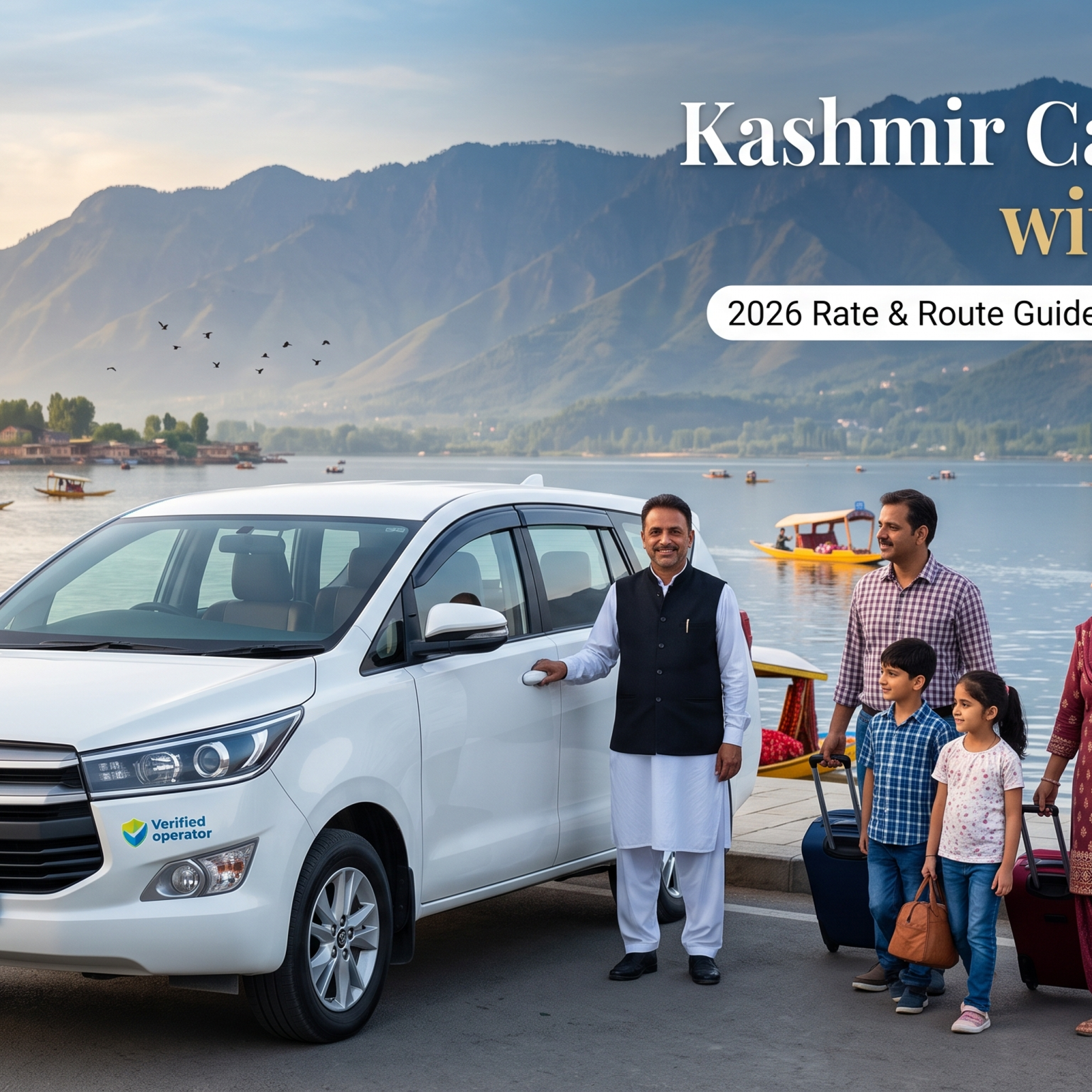 Kashmir car rental with driver - white Innova Crysta with driver on Boulevard Road along Dal Lake for family travel
