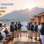 Kashmir corporate tour packages - corporate team on Dal Lake houseboat deck for offsite strategy session with Zabarwan mountains