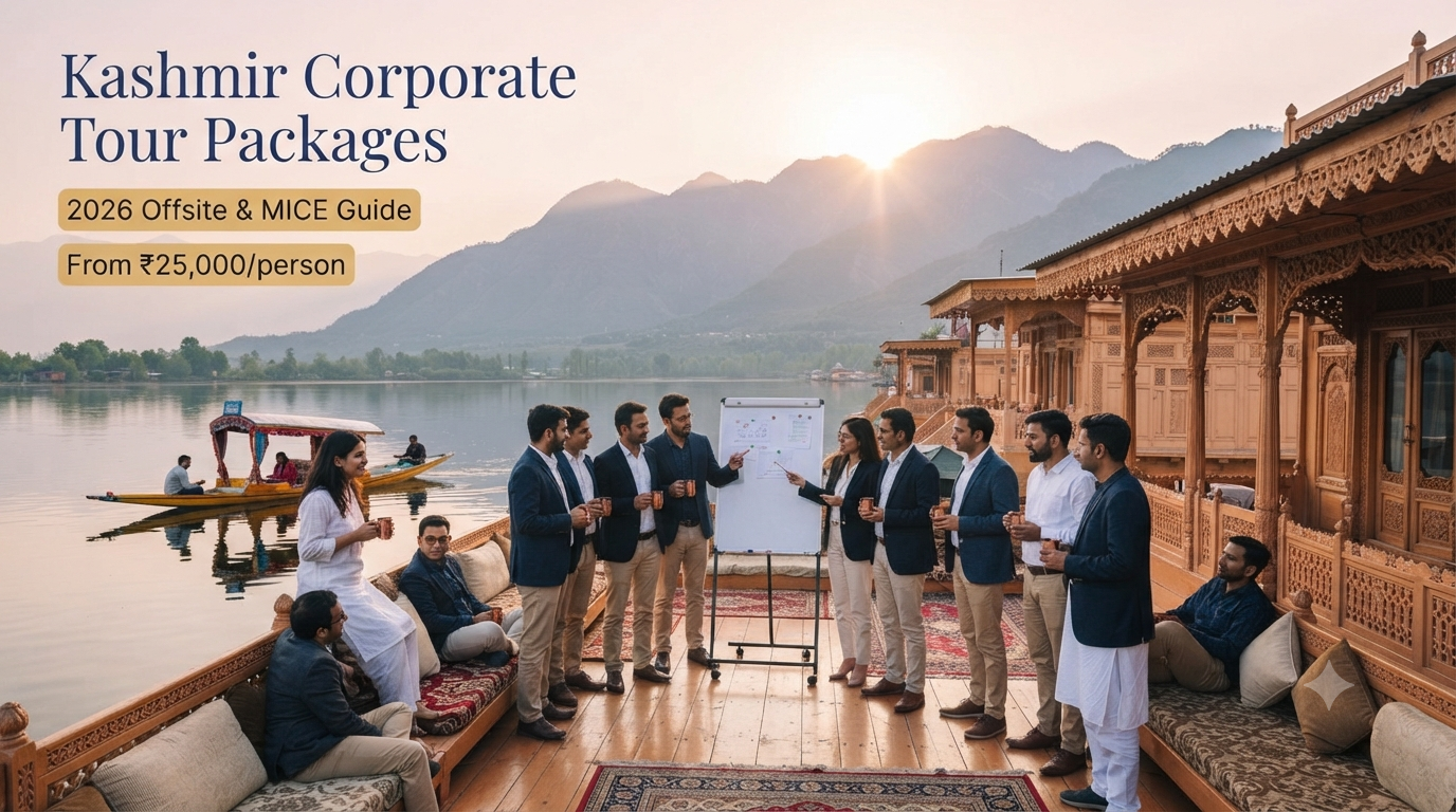 Kashmir corporate tour packages - corporate team on Dal Lake houseboat deck for offsite strategy session with Zabarwan mountains