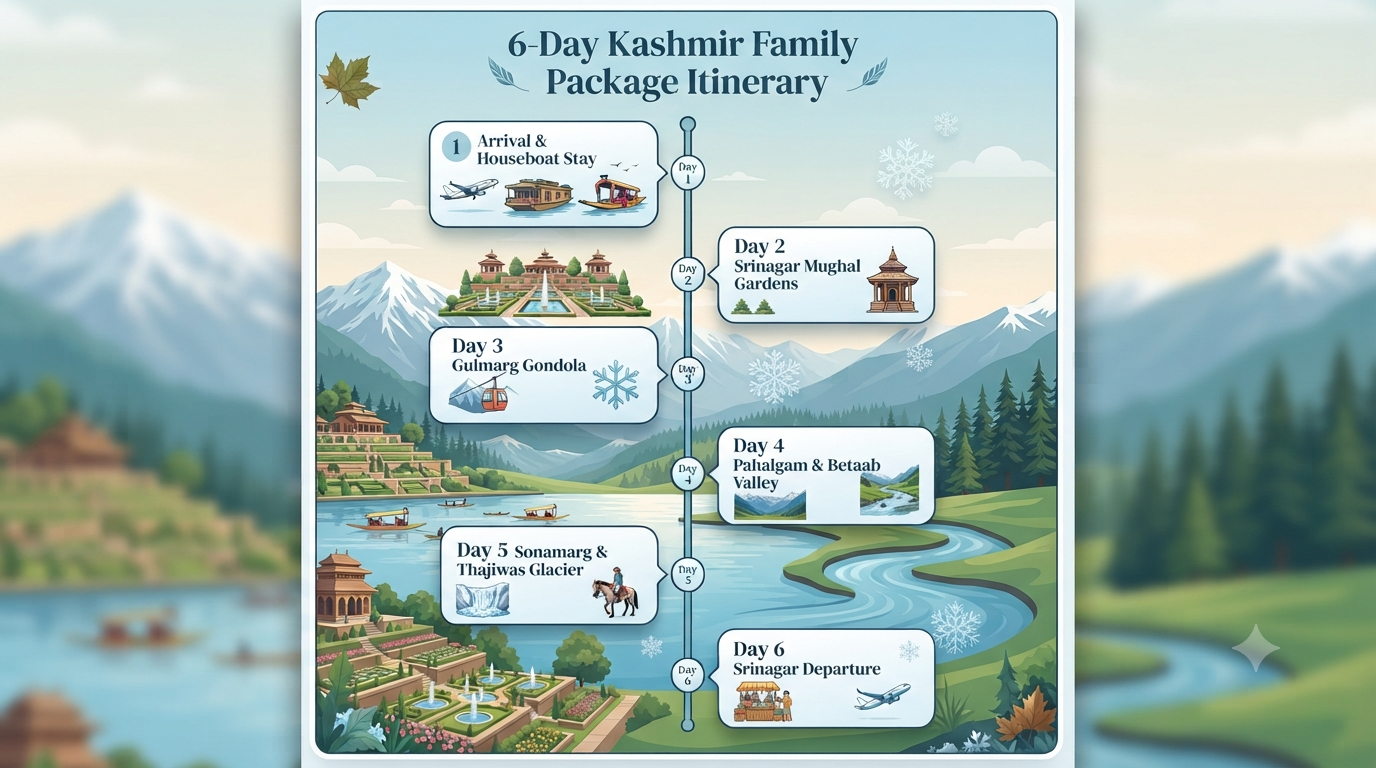 Kashmir Family Packages 2026 | Prices & Booking Guide 9 Kashmir family packages - 6-day itinerary infographic Srinagar Gulmarg Pahalgam Sonamarg day-by-day family journey