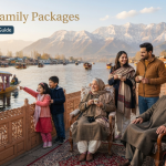 Kashmir family packages - multi-generational family on Dal Lake houseboat deck with shikaras and Zabarwan mountains in background