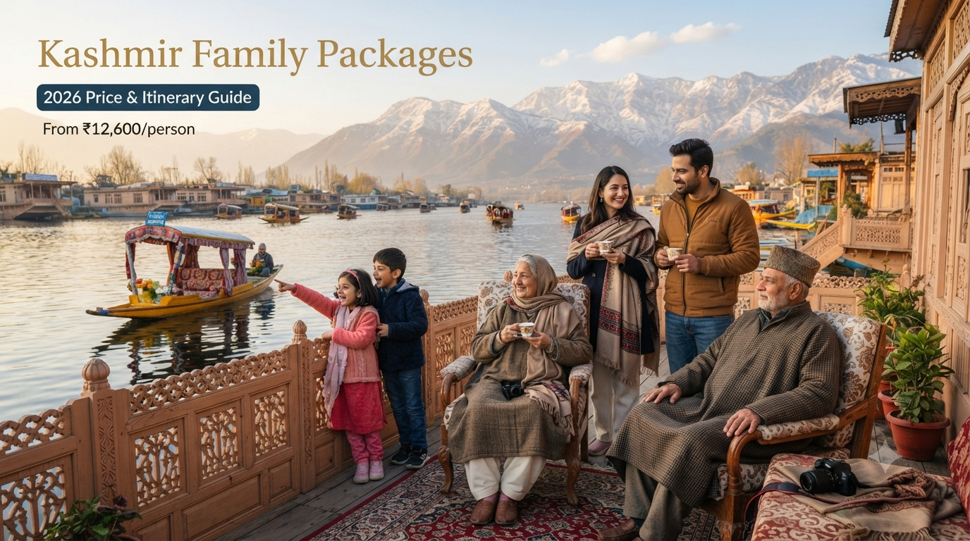 Kashmir family packages - multi-generational family on Dal Lake houseboat deck with shikaras and Zabarwan mountains in background