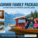 Kashmir family packages with 3 star hotels and cab by Nature Connect Travels showing family outside hotel with sedan cab