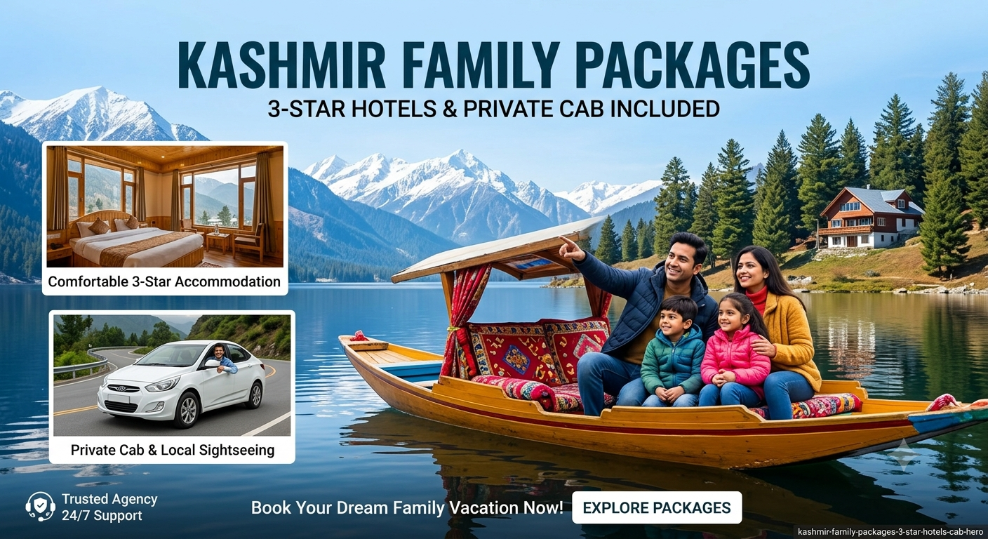 Kashmir family packages with 3 star hotels and cab by Nature Connect Travels showing family outside hotel with sedan cab