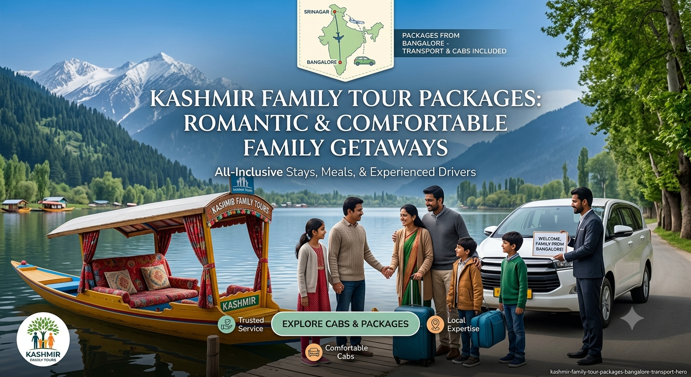 Kashmir family tour packages from Bangalore with transport by Nature Connect Travels showing family at Bangalore airport departure