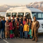 Kashmir group packages from Delhi by Nature Connect Travels showing family group with tempo traveller at Dal Lake