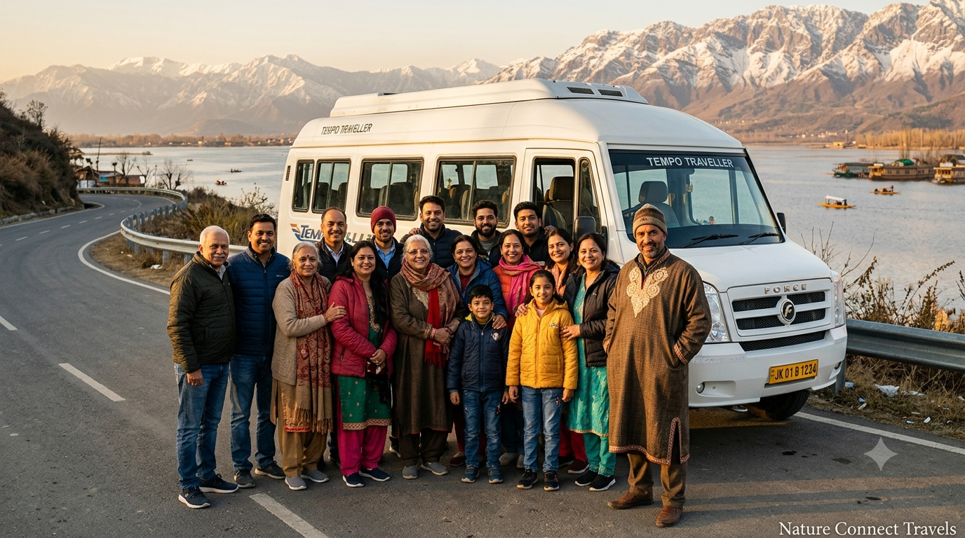 Kashmir group packages from Delhi by Nature Connect Travels showing family group with tempo traveller at Dal Lake