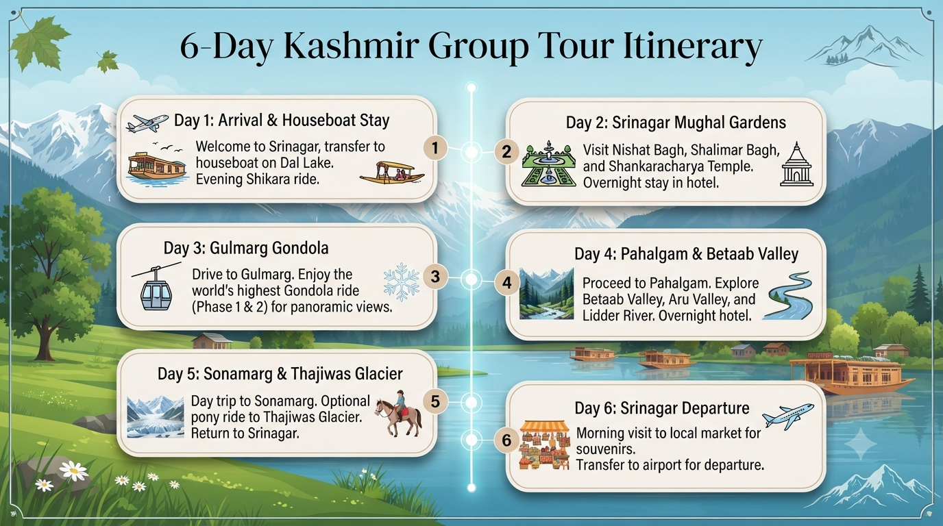 Kashmir group tour - 6-day itinerary infographic Srinagar Gulmarg Pahalgam Sonamarg day-by-day group journey