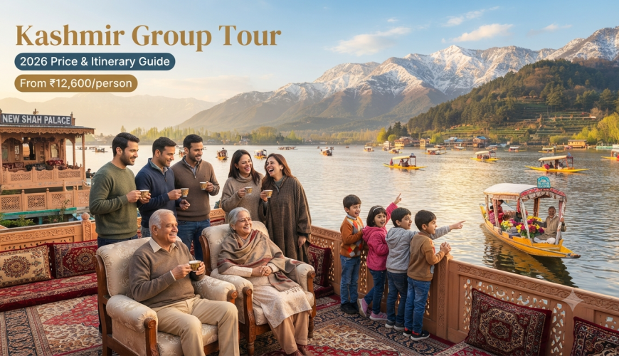 Kashmir group tour - multi-generational group on Dal Lake houseboat deck with shikaras and Zabarwan mountains in background