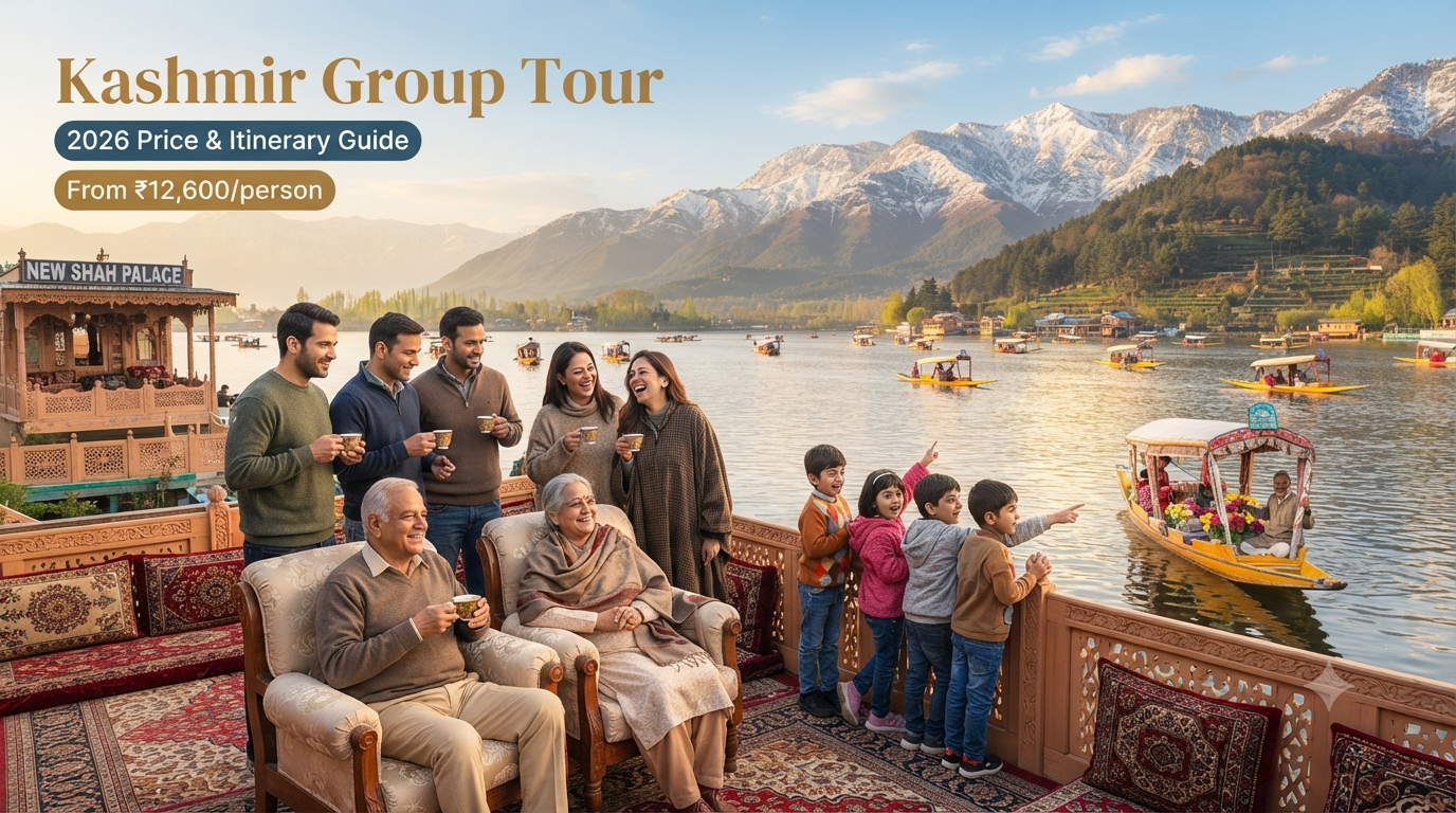 Kashmir group tour - multi-generational group on Dal Lake houseboat deck with shikaras and Zabarwan mountains in background