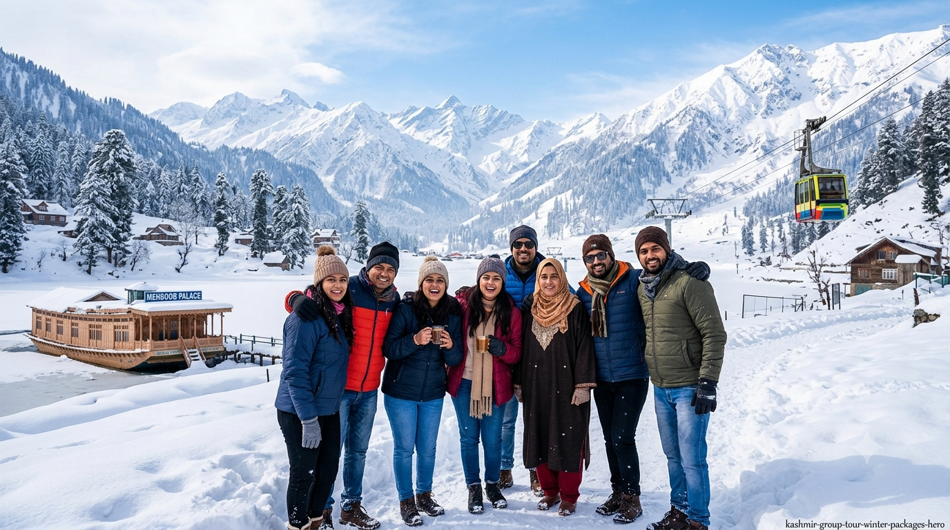 Kashmir group tour winter packages by Nature Connect Travels showing travelers on snow in Gulmarg with Gondola