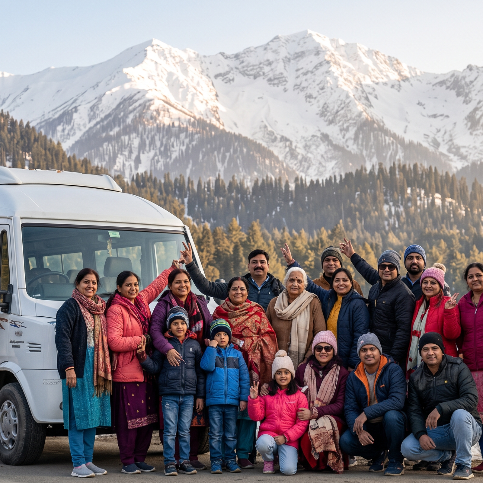 Kashmir group tour with transport by Nature Connect Travels showing group with tempo traveller on Gulmarg highway