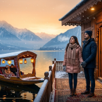 Kashmir honeymoon package 5 nights 6 days price by Nature Connect Travels showing couple on Dal Lake houseboat