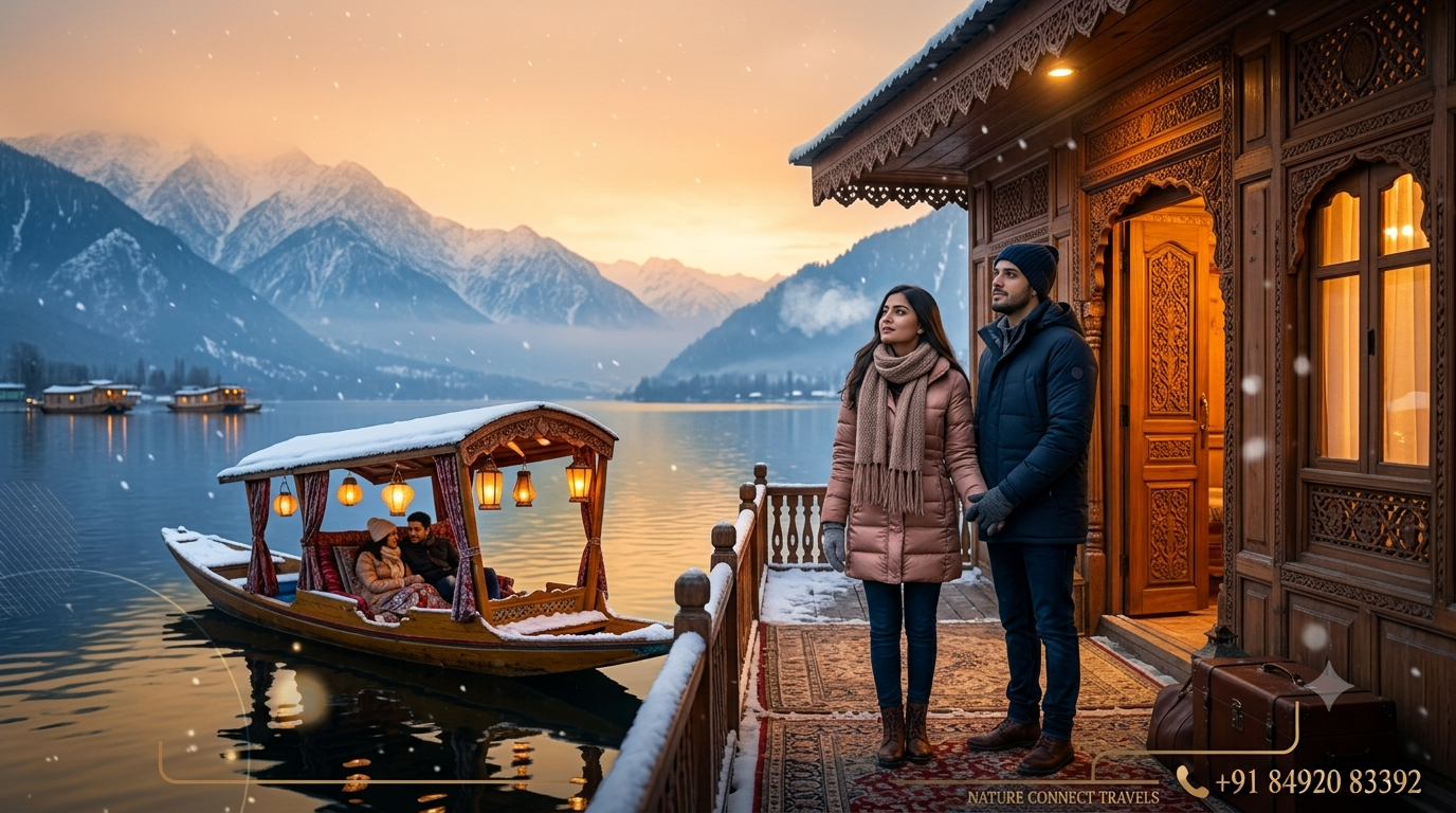 Kashmir honeymoon package 5 nights 6 days price by Nature Connect Travels showing couple on Dal Lake houseboat