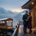 Kashmir honeymoon package from Mumbai by Nature Connect Travels showing couple on Dal Lake houseboat deck with snowfall