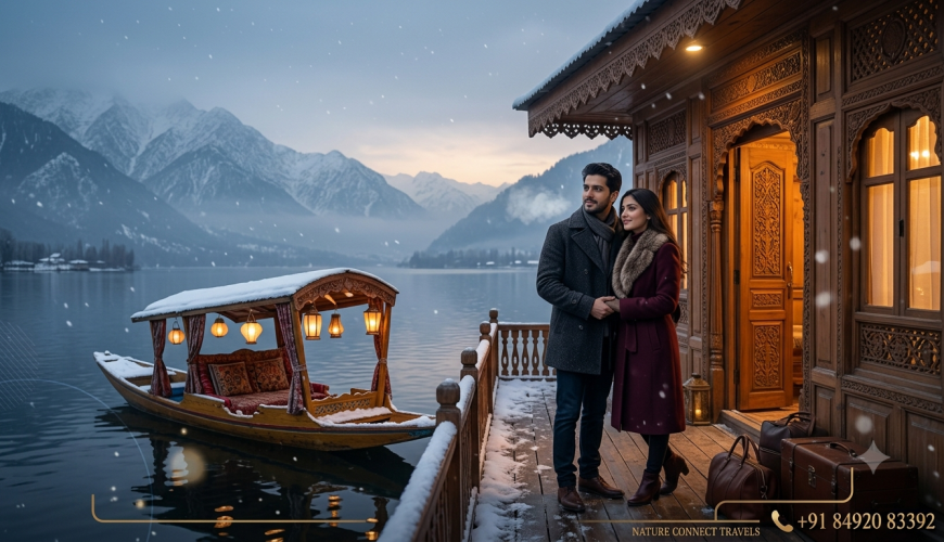 Kashmir honeymoon package from Mumbai by Nature Connect Travels showing couple on Dal Lake houseboat deck with snowfall