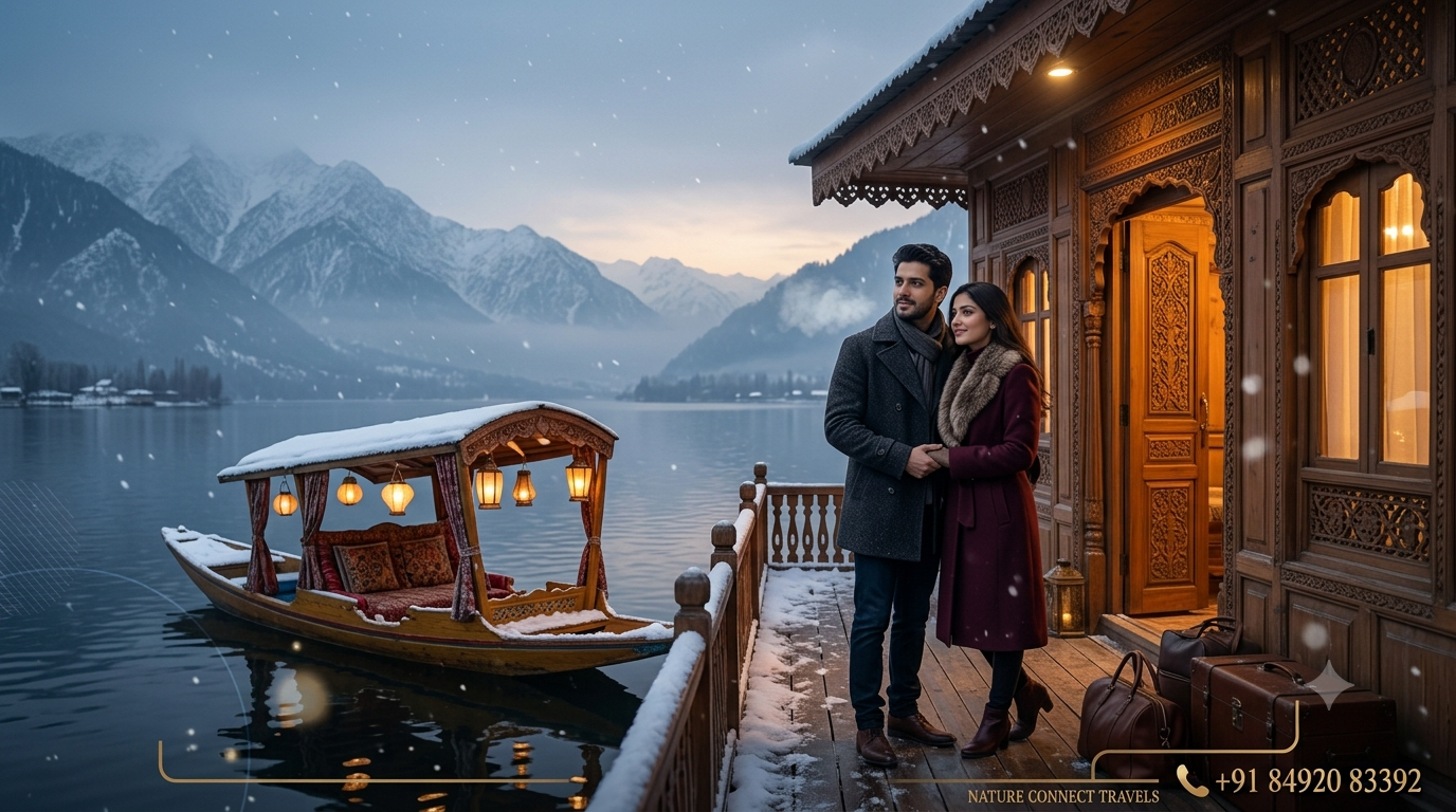 Kashmir honeymoon package from Mumbai by Nature Connect Travels showing couple on Dal Lake houseboat deck with snowfall