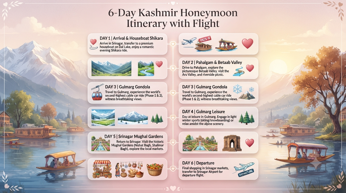Kashmir honeymoon package with flight - 6-day itinerary infographic Srinagar Gulmarg Pahalgam romantic journey for couples