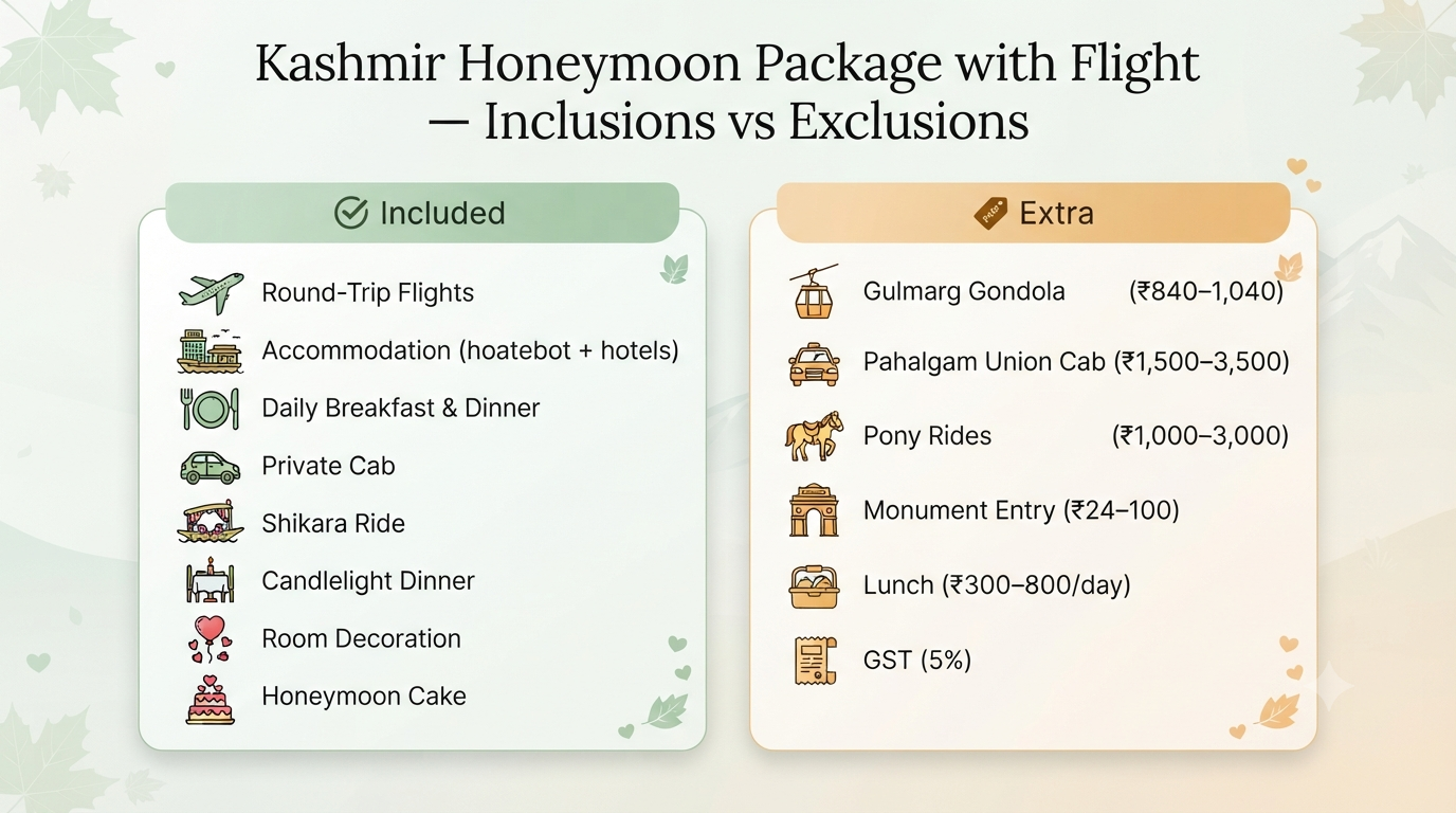 Kashmir honeymoon package with flight - inclusions vs exclusions infographic for romantic holiday booking planning