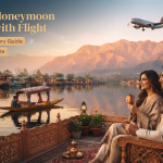 Kashmir honeymoon package with flight - romantic couple on Dal Lake houseboat deck at golden hour with airplane descending in background