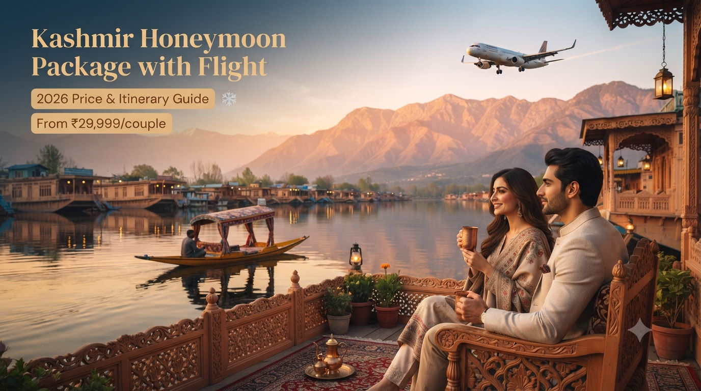 Kashmir honeymoon package with flight - romantic couple on Dal Lake houseboat deck at golden hour with airplane descending in background
