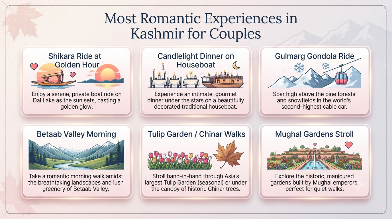 Kashmir honeymoon package with flight romantic experiences infographic Shikara Gondola candlelight dinner Betaab Valley for couples