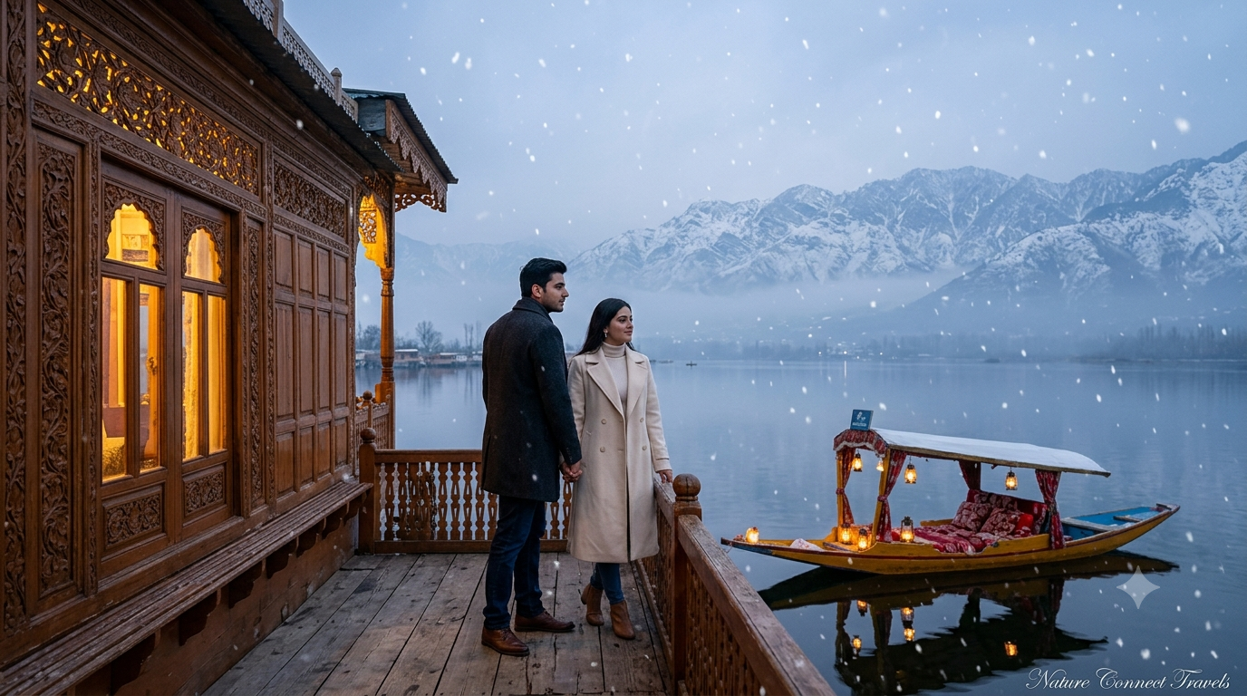 Kashmir honeymoon packages in winter by Nature Connect Travels showing couple on snow-covered houseboat deck