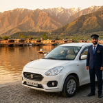 Kashmir local sightseeing taxi fare by Nature Connect Travels showing Dzire sedan with chauffeur at Dal Lake Boulevard