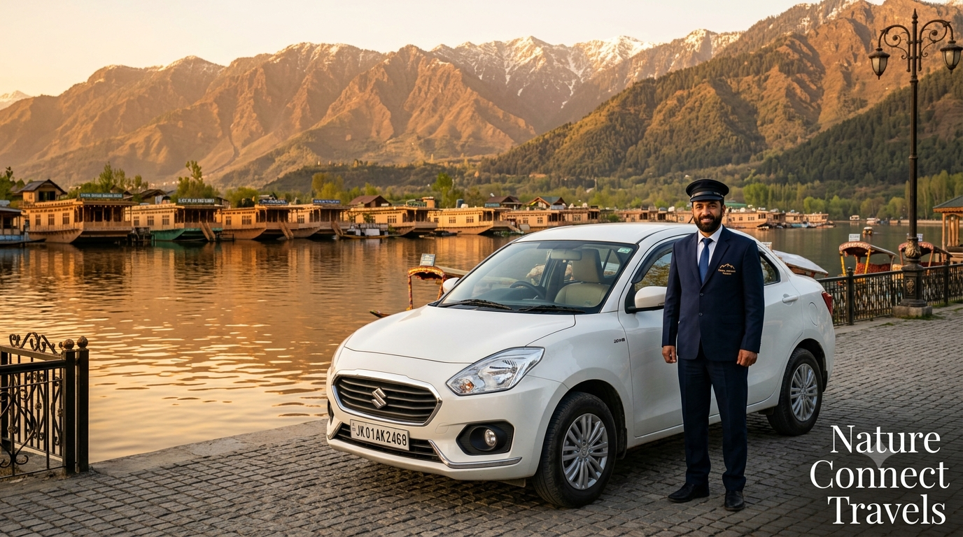 Kashmir local sightseeing taxi fare by Nature Connect Travels showing Dzire sedan with chauffeur at Dal Lake Boulevard