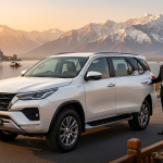 Kashmir luxury cabs by Nature Connect Travels showing Fortuner 4x4 with uniformed chauffeur at Dal Lake