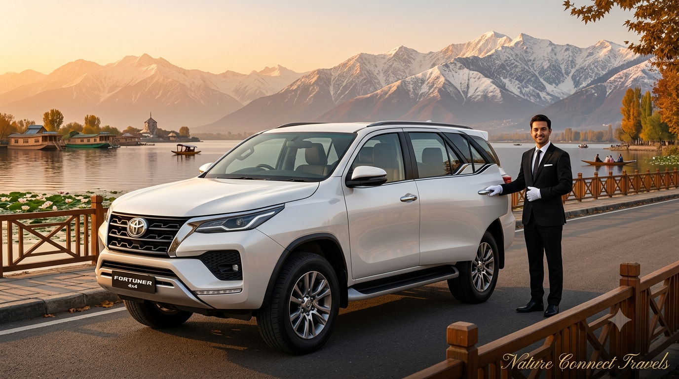 Kashmir luxury cabs by Nature Connect Travels showing Fortuner 4x4 with uniformed chauffeur at Dal Lake