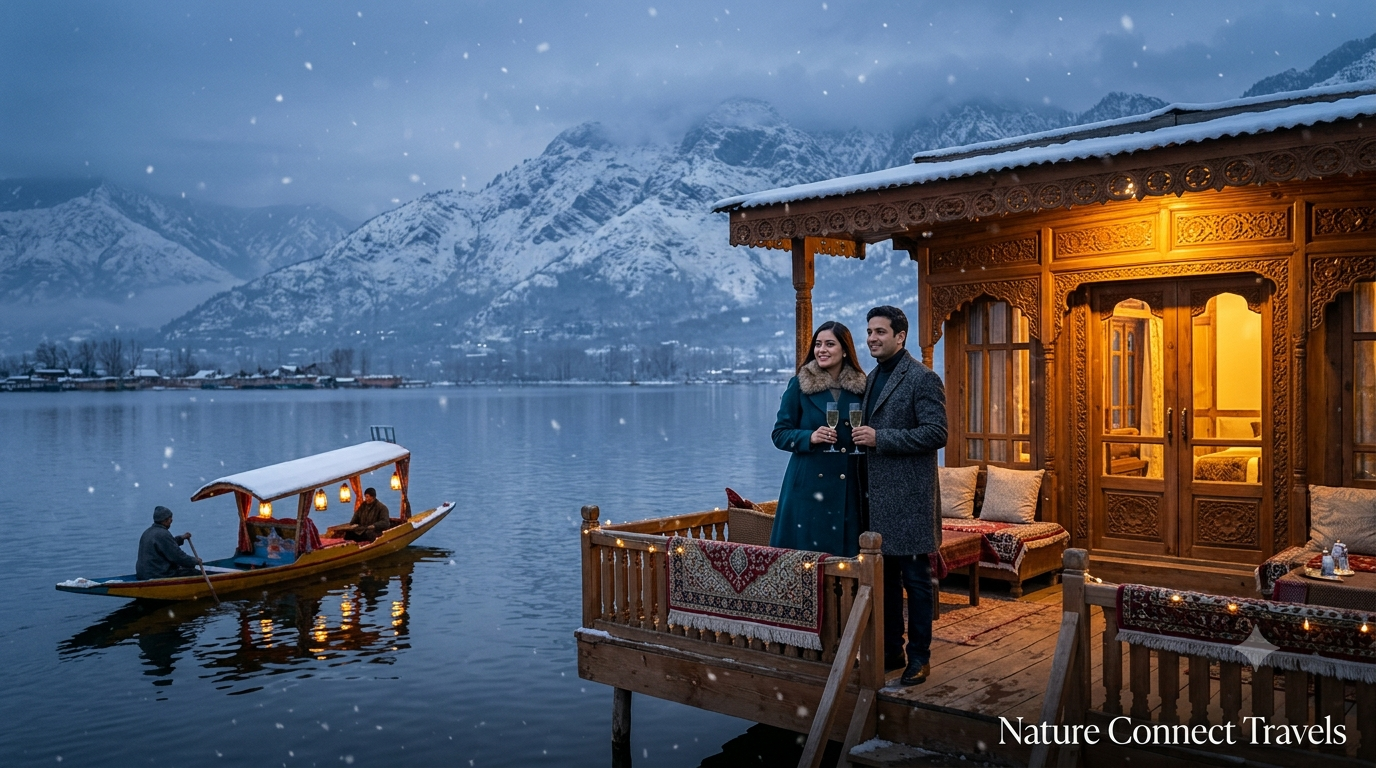 Kashmir luxury honeymoon tour by Nature Connect Travels showing couple on heritage houseboat deck with snowfall
